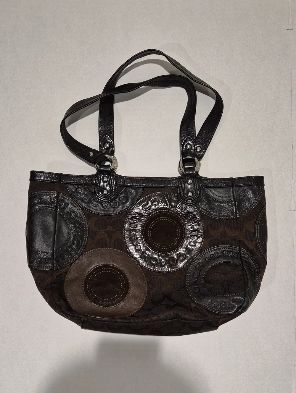 Coach Brown and Black Signature Circle Tote